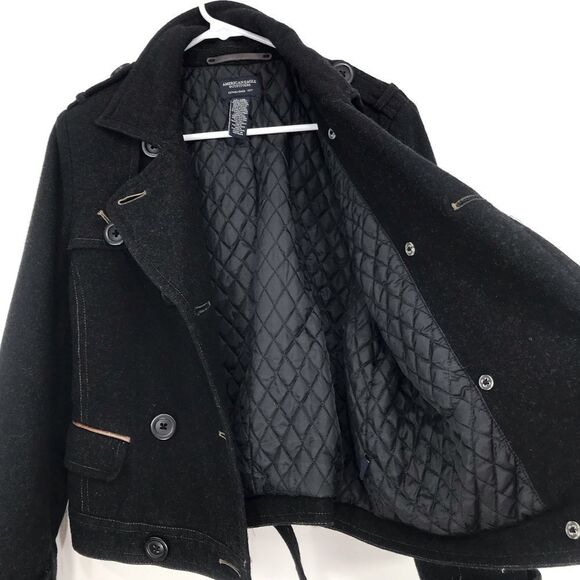 American Eagle Black Wool Blend Double Breasted Button Short Cut Pea Coat - Picture 7 of 16